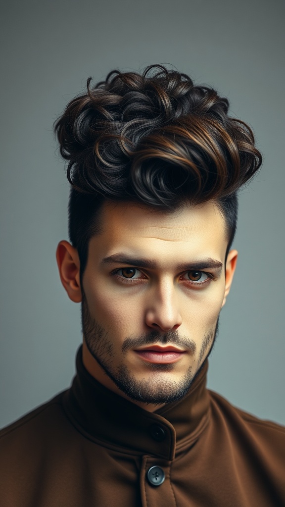 A man with a curly pompadour hairstyle, showcasing defined curls on top and shorter sides.