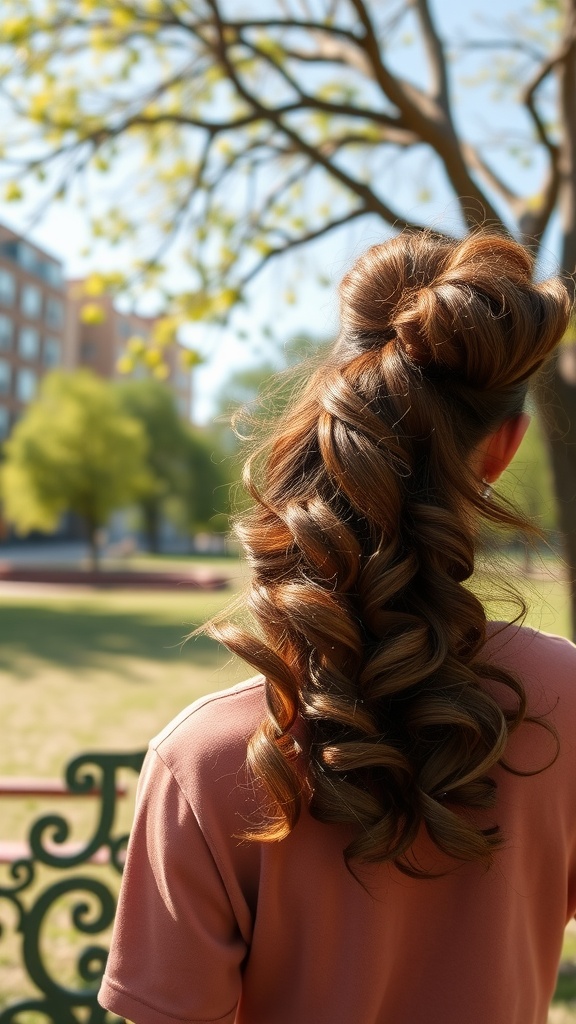 A woman with a curly ponytail, showcasing beautiful, bouncy curls in a sunny park setting.