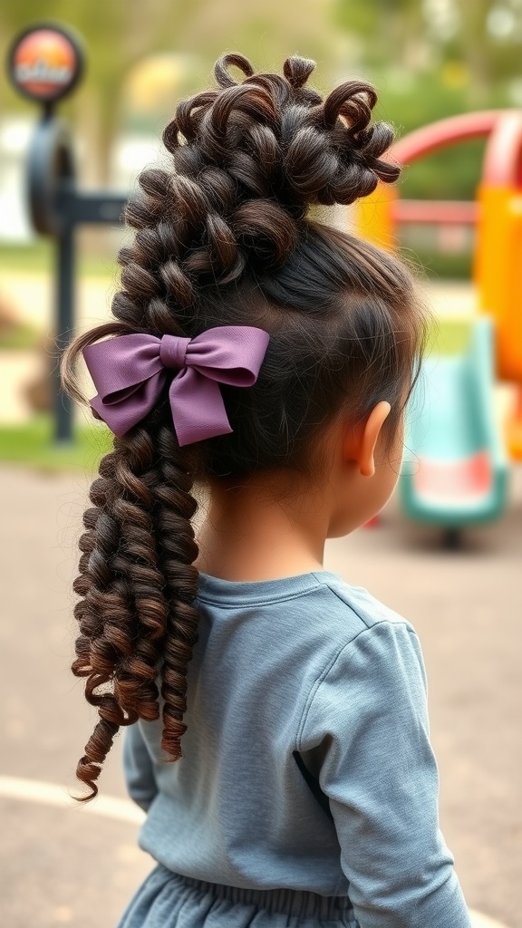 A young girl with curly hair styled in a high ponytail, adorned with a purple bow.
