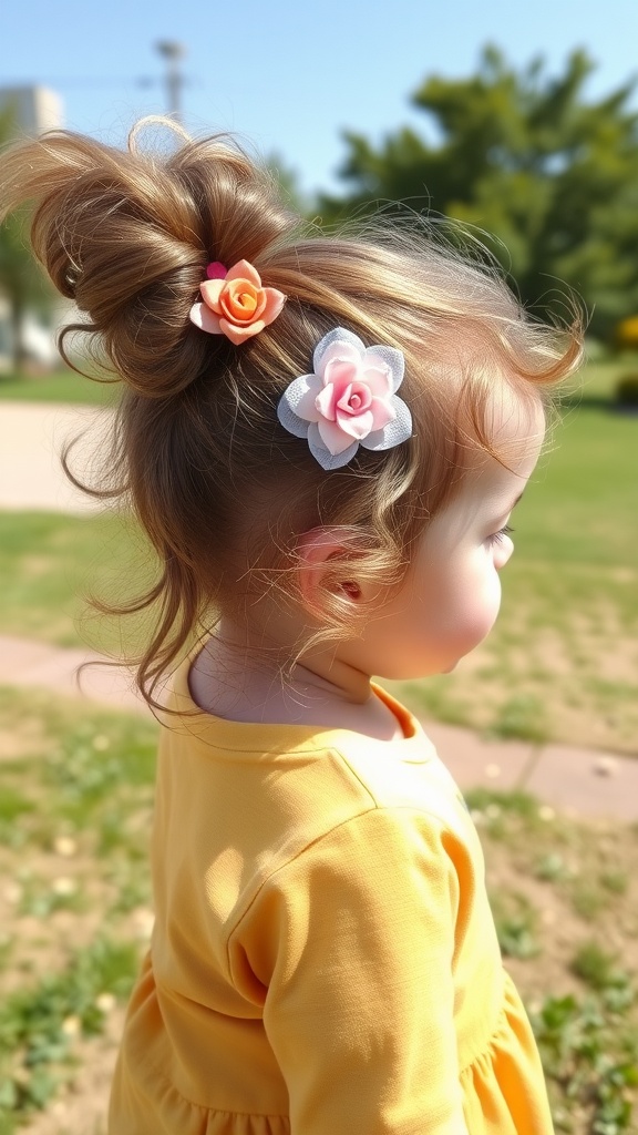 A toddler with curly hair styled in a ponytail with floral clips, wearing a yellow top.