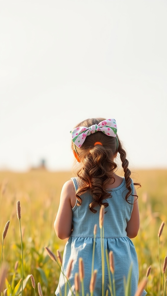 A girl with curly hair in a ponytail, wearing a colorful headband, standing in a field.