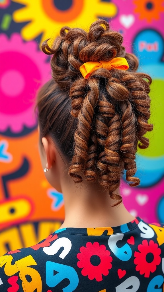 A woman with a curly ponytail adorned with an orange bow, showcasing a vibrant hairstyle.