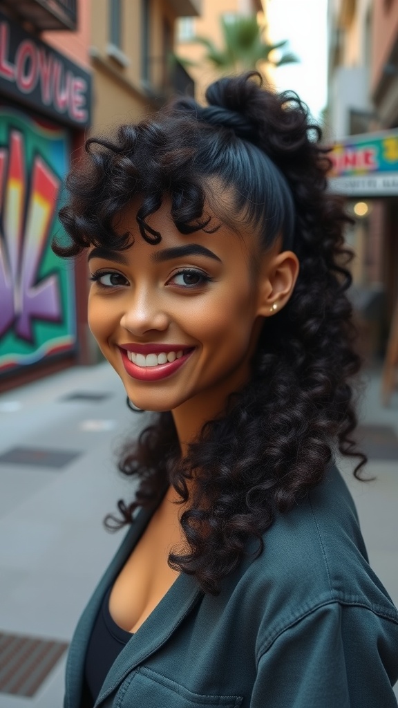 A woman with a curly ponytail and bangs smiling in an urban setting.