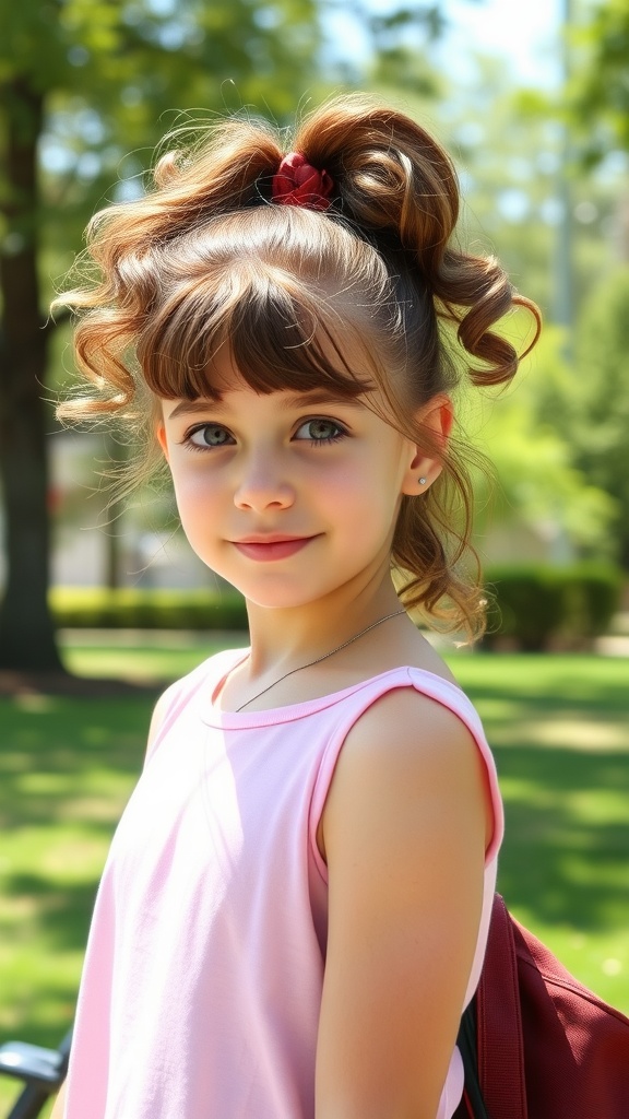 A young girl with a curly ponytail and front bangs, wearing a pink shirt and smiling in a green park.