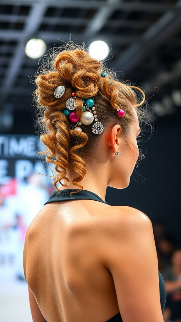 A woman with a curly ponytail decorated with colorful hair accessories, showcasing a stylish hairstyle