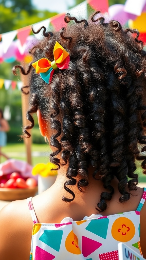 A curly ponytail with a colorful bow accessory.
