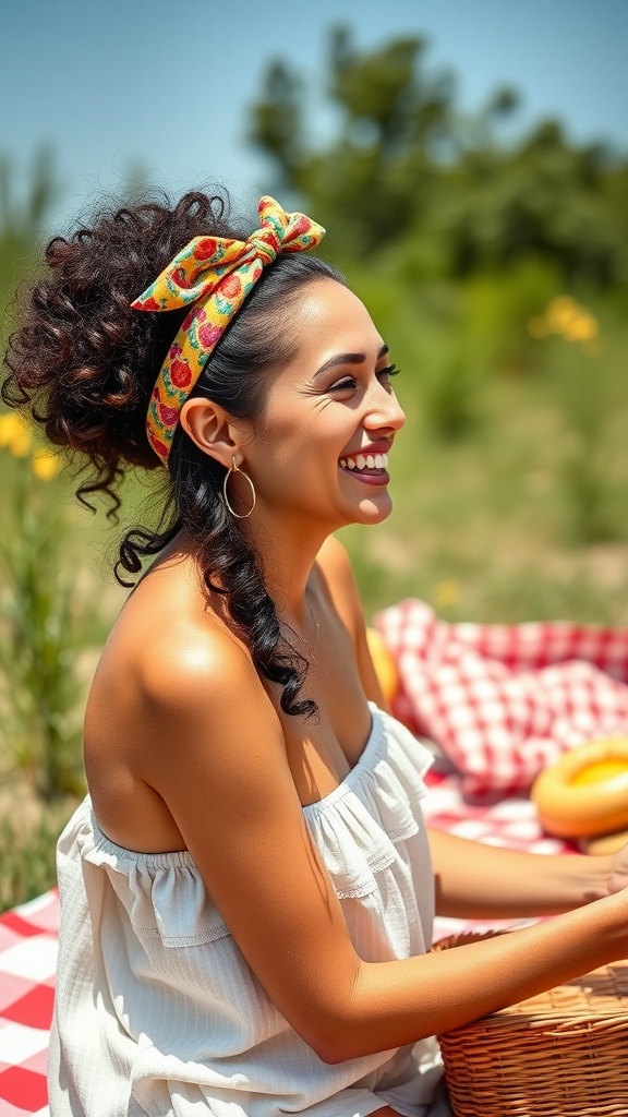 A woman with curly hair styled in a high ponytail, wearing a colorful headband, smiling during a picnic.