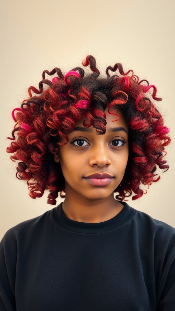 A person with vibrant red and dark curly hair styled in defined curls