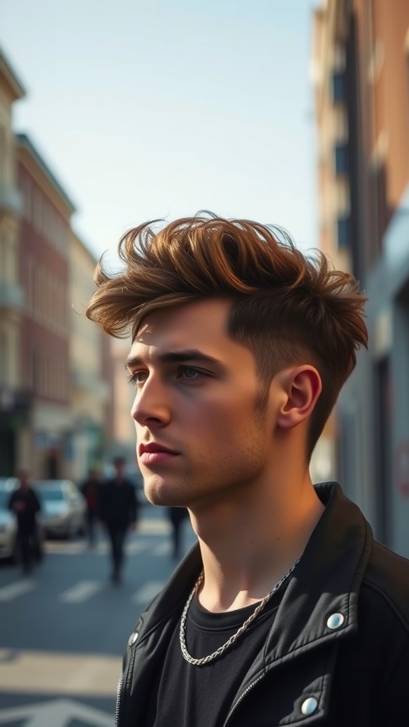 A young man with a curly quiff hairstyle and a fade, walking in a city street.