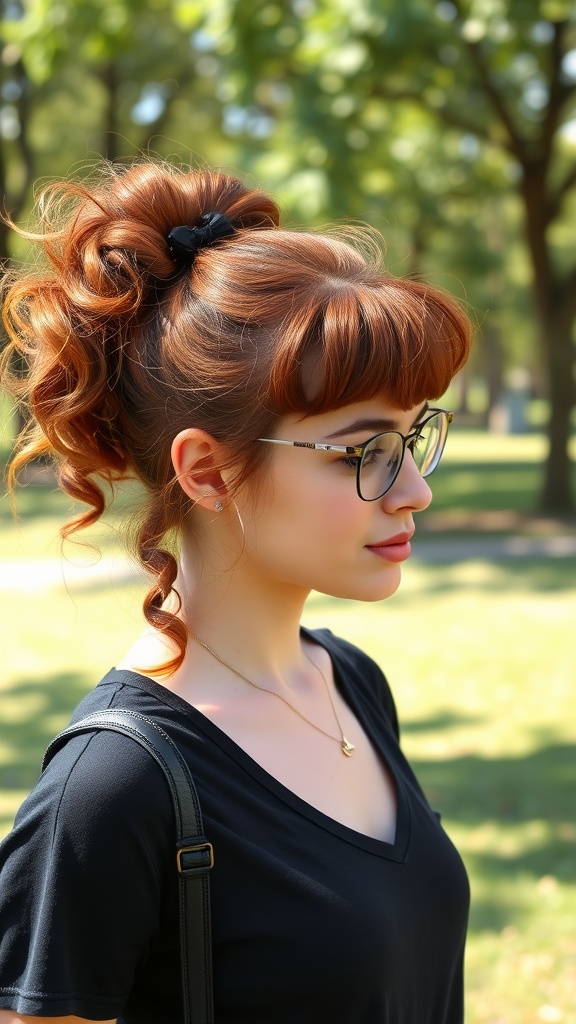 A woman with a curly red ponytail and bangs, showcasing a vibrant hairstyle.