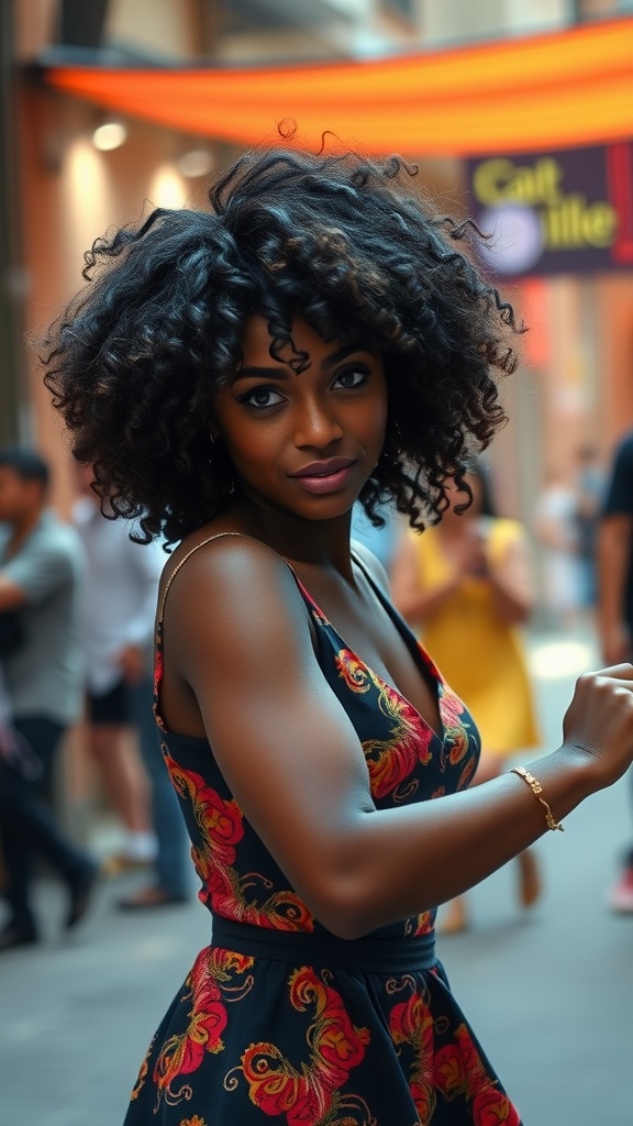 A woman with curly shag hairstyle, showcasing volume and movement, dressed in a floral outfit