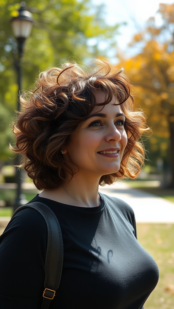 A woman with a curly shag hairstyle, showcasing layers and volume, smiling in a park setting.