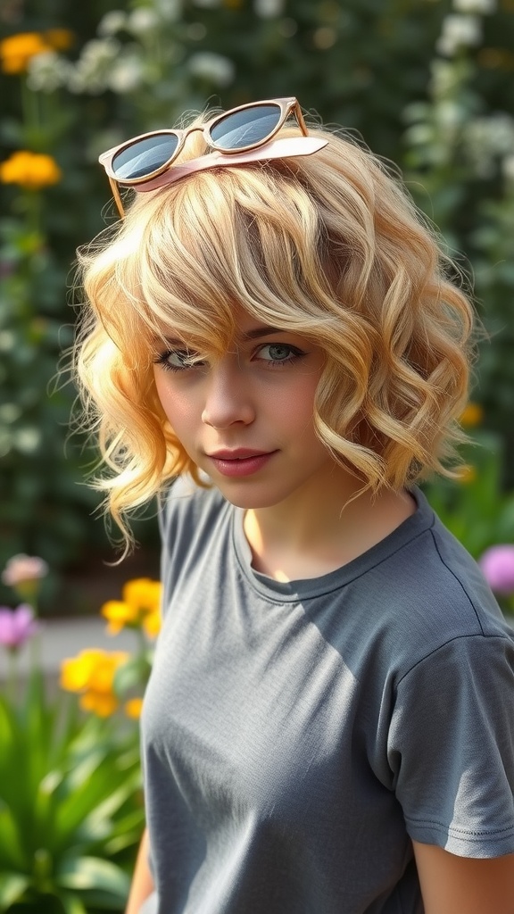 A person with a curly short blonde bob hairstyle, wearing a gray t-shirt and sunglasses, posing in a garden filled with colorful flowers.