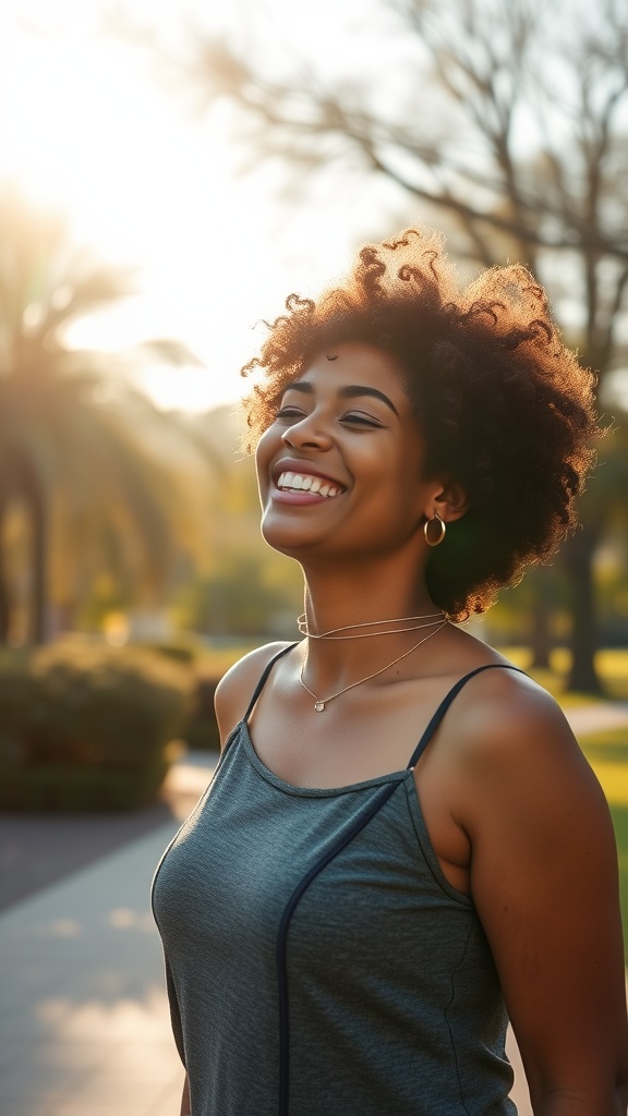 A smiling woman with curly short hair standing in a sunny outdoor setting.