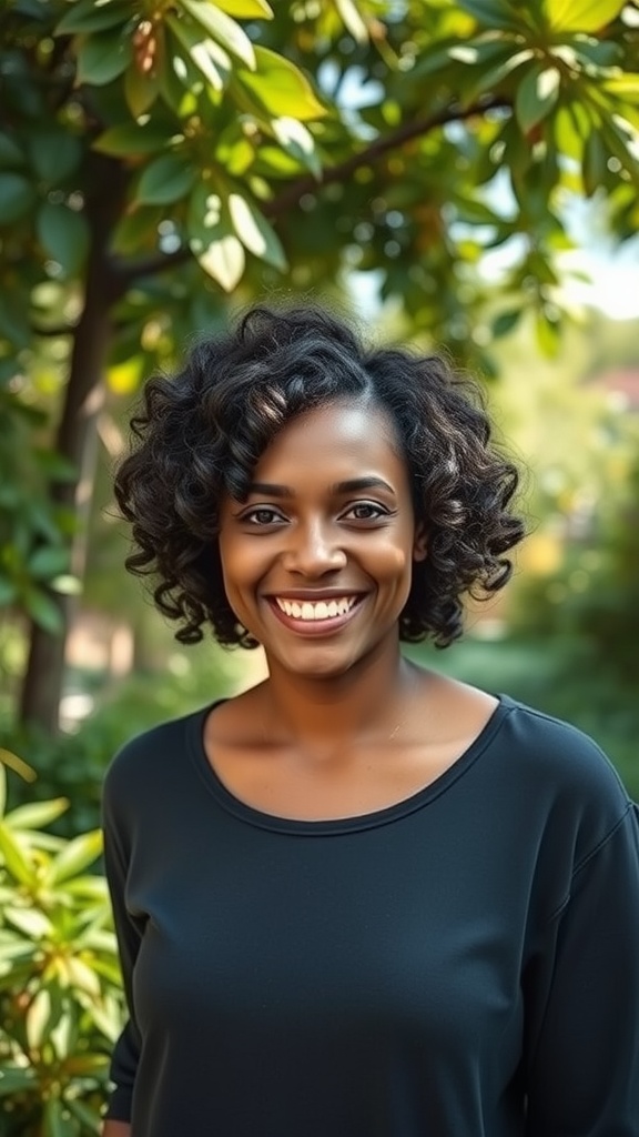 A woman with short curly hair smiling outdoors