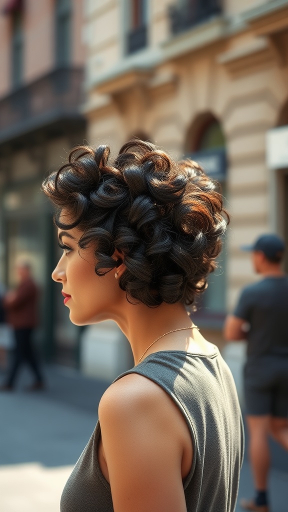 A woman with natural curly hair styled in a side part, showcasing elegant curls in an outdoor setting.