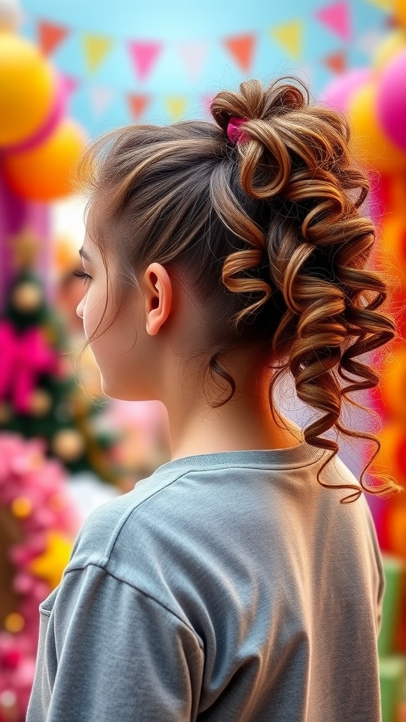 A young girl with a curly side ponytail, smiling, surrounded by colorful decorations.
