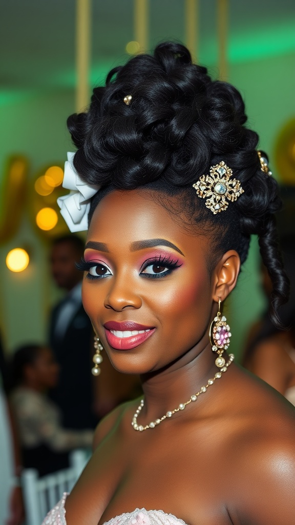 A woman with a stylish curly updo hairstyle, featuring accessories like a white bow and sparkling embellishments.