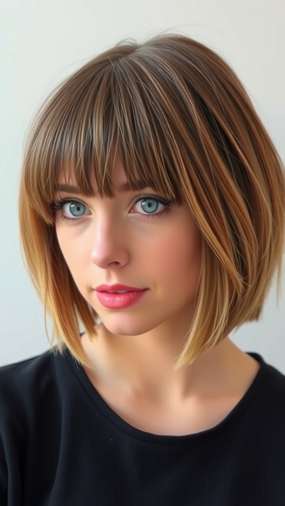 A woman with a short layered bob hairstyle and curtain bangs.