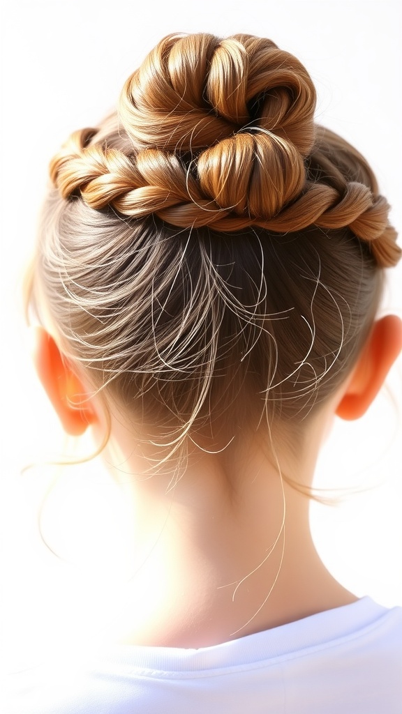 A stylish braided bun hairstyle with soft strands around the face.