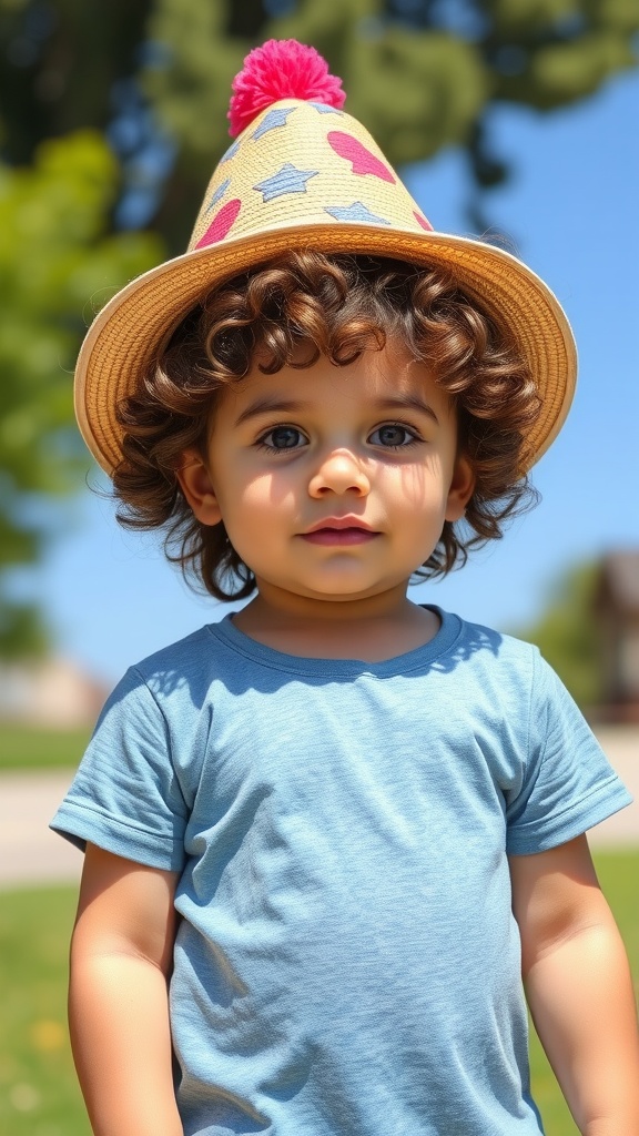 A child with curly hair wearing a colorful straw hat.