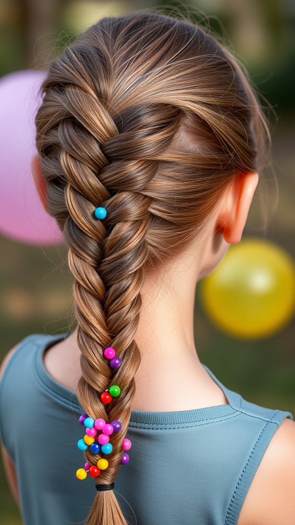 A cute fishtail braid with colorful beads, perfect for a birthday hairstyle.