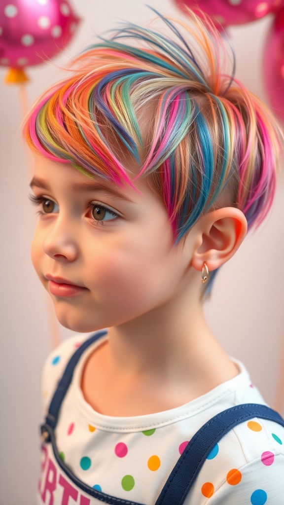 A child with a colorful pixie cut, featuring bright streaks of pink, blue, and yellow, celebrating a birthday.