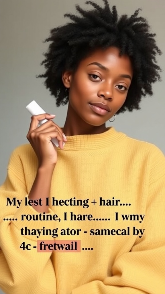 A person showcasing a vibrant natural hairstyle, holding a hair product, emphasizing daily hair care for 4C hair.