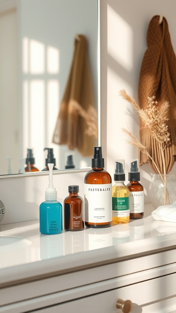 A collection of hair care products on a bathroom counter, showcasing various bottles for hydration and moisture.