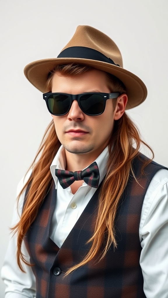 A man with a modern mullet hairstyle, wearing a vest, bow tie, hat, and sunglasses.