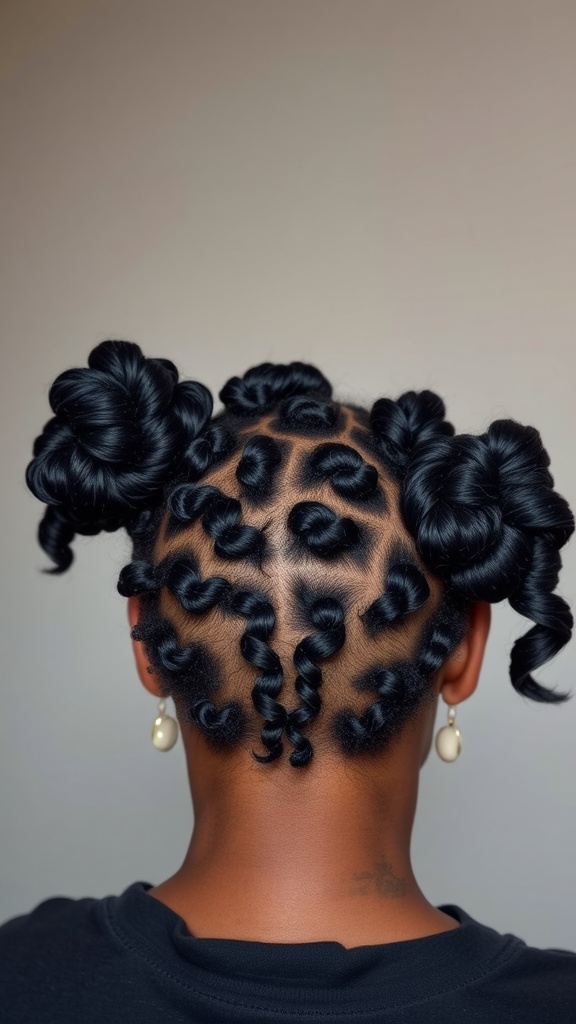 A close-up view of defined Bantu knots on natural hair, showcasing a stylish hairstyle.