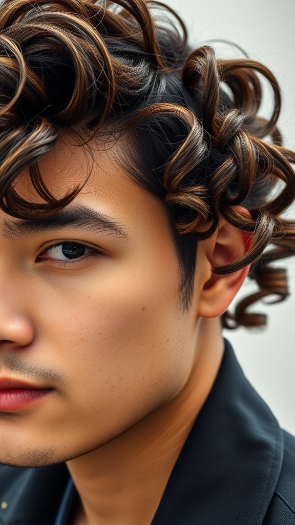 Close-up of a man with defined curls styled with a side part