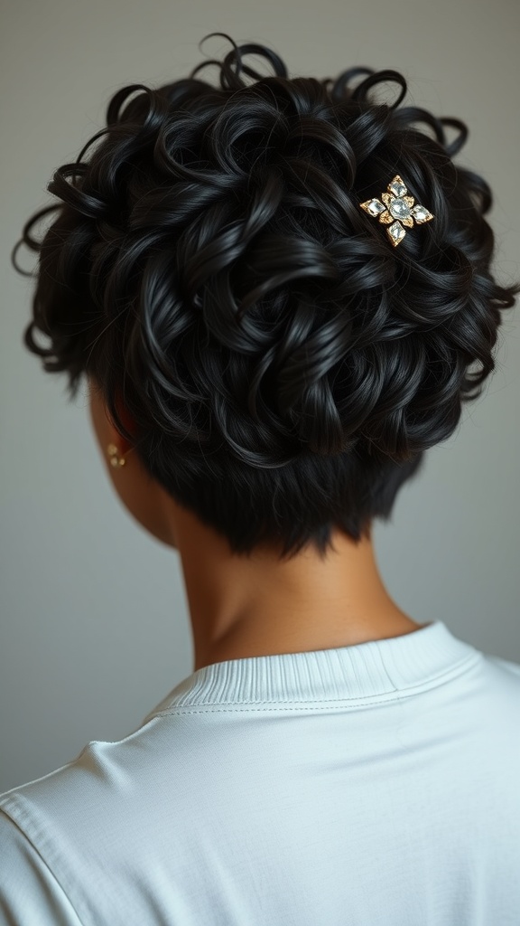 A close-up view of a short hairstyle featuring defined curls, adorned with a decorative clip.