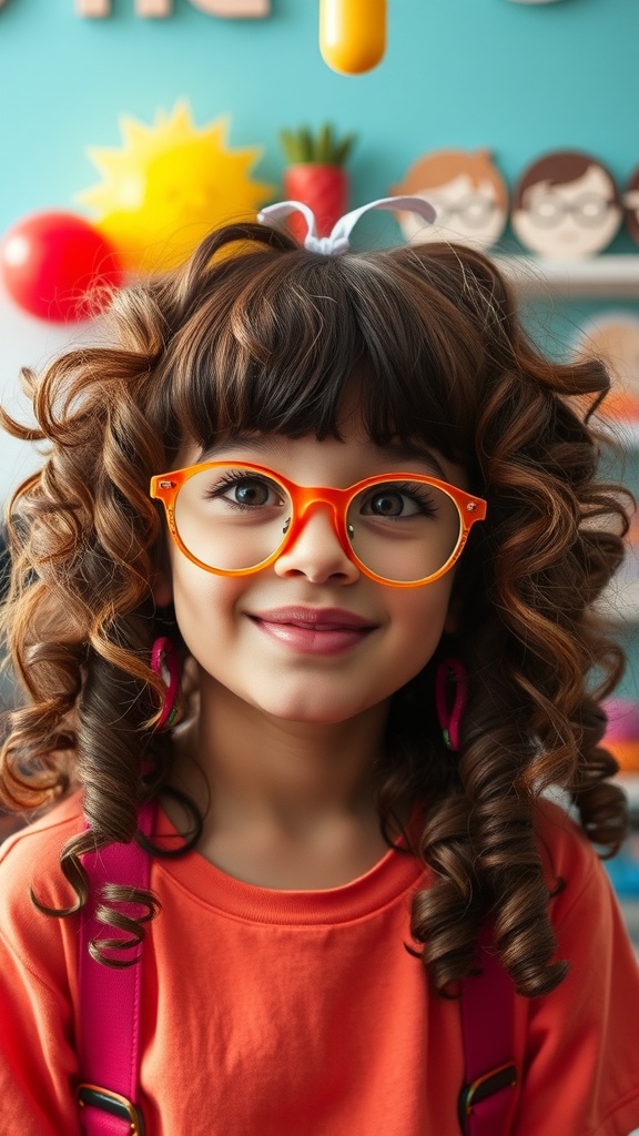 A young girl with defined curls and baby bangs, wearing orange glasses and a bright orange shirt, looking cheerful.