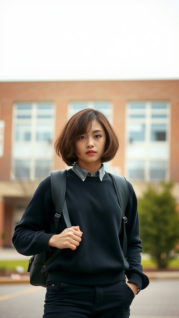 Student with defined curly bob hairstyle, wearing a navy sweater and shirt, standing outside a school building.