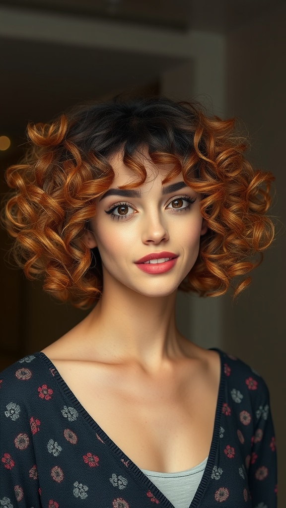 A young woman with a defined curly bob hairstyle, showcasing vibrant curls and warm hair tones.