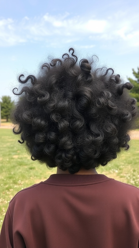 Back view of a person with defined natural curly hair in a fro style, outdoors with a clear blue sky.