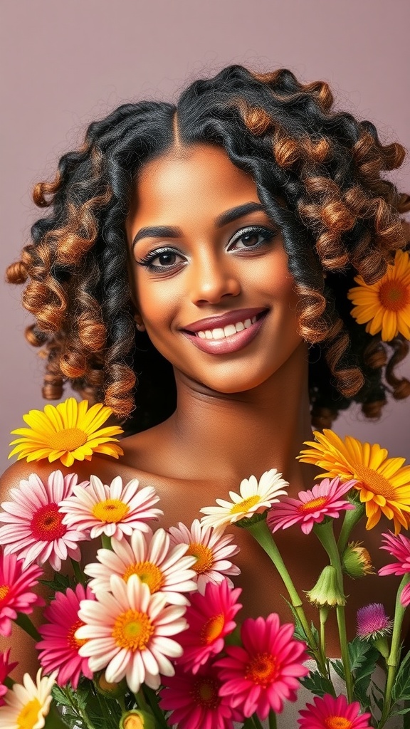 A person with defined ringlet curls surrounded by colorful flowers.