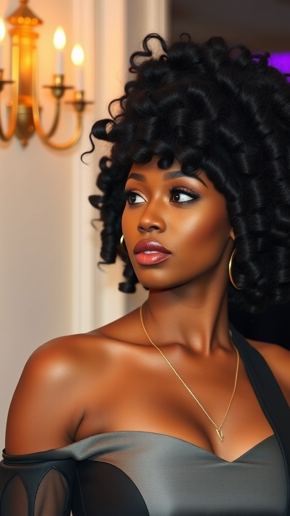 A woman with defined ringlets in a glamorous setting, wearing a stylish outfit and gold jewelry.
