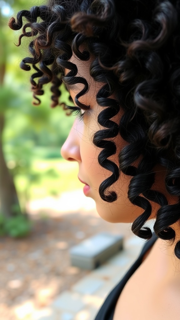 A profile view of a woman with defined ringlets, showcasing voluminous short curls.