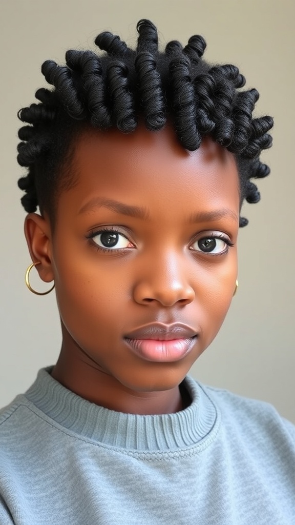 A young person with defined curls in a short hairstyle, showcasing the beauty of 4c hair.