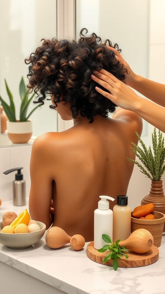 A person with bouncy 4b curls, applying natural hair products in a cozy, plant-filled bathroom.