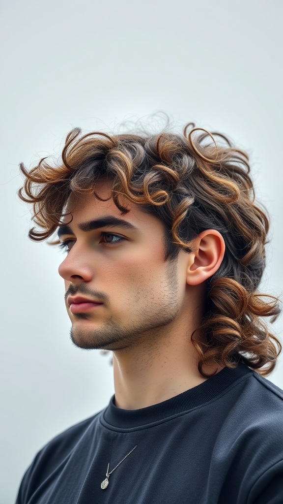 A young man with a curly mullet hairstyle, showcasing defined curls and a stylish look.