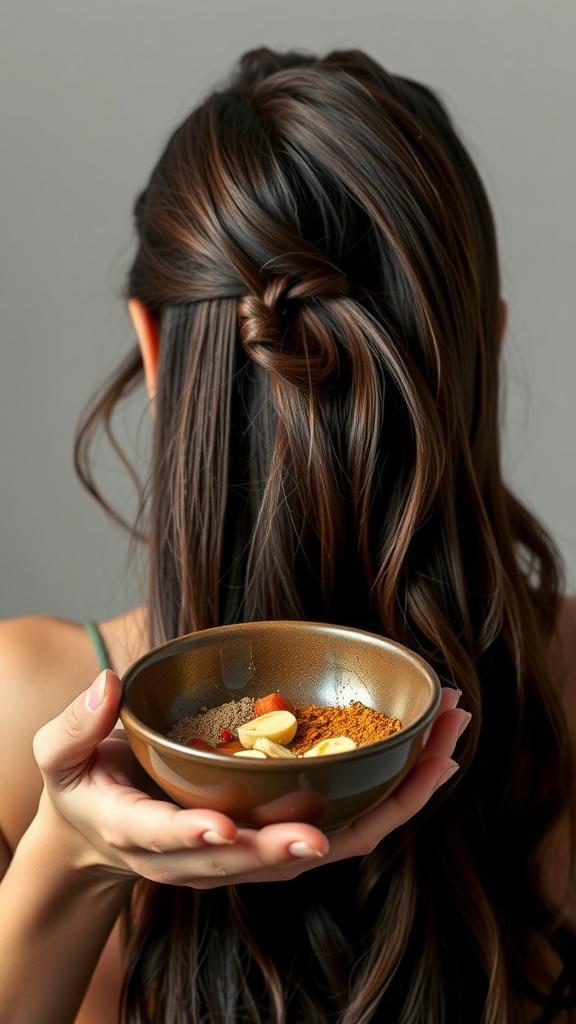 A person holding a bowl of natural ingredients for a DIY hair mask, with hair styled in a casual way.