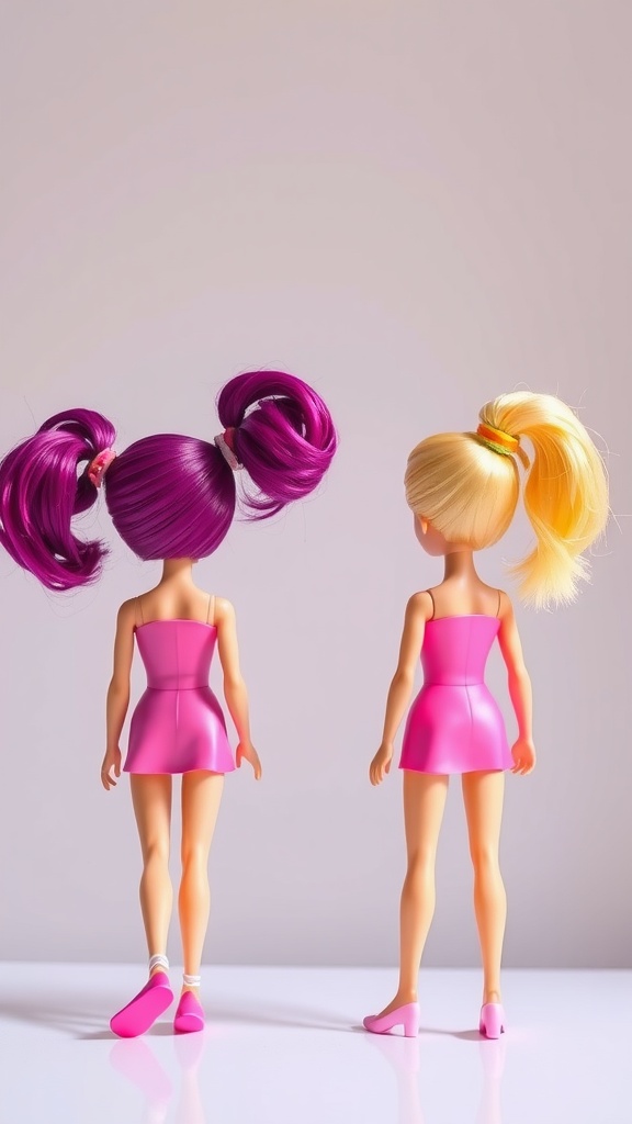 Two dolls with double ponytails, one in purple and the other in blonde, both wearing pink dresses.