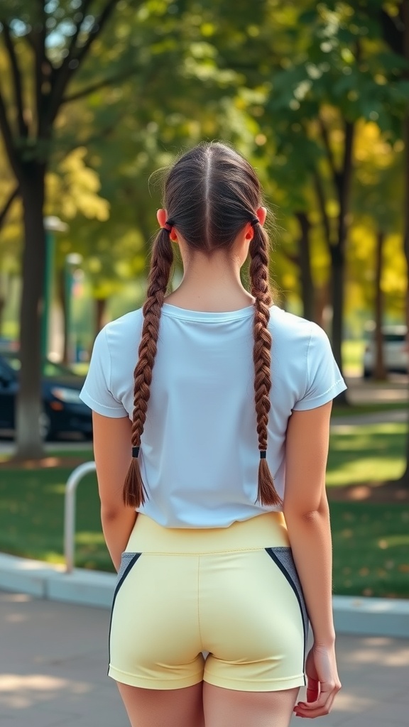 A young woman with double braided pigtails, wearing a white t-shirt and yellow shorts, standing in a park.