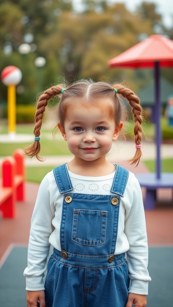 A young girl smiling with double braided pigtails in a playground setting.