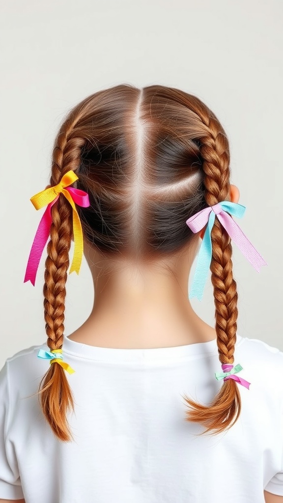 Back view of a child with double braided ponytails tied with colorful ribbons.