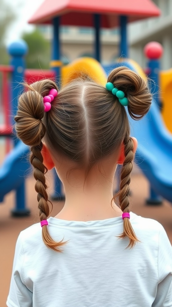 A girl with double bubble ponytails, wearing colorful hair ties, standing in front of a playground.
