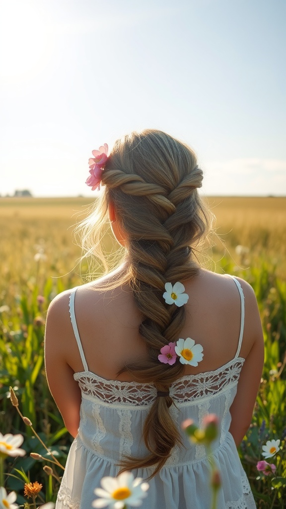 A woman with a double half braid hairstyle adorned with flowers, set against a sunny field